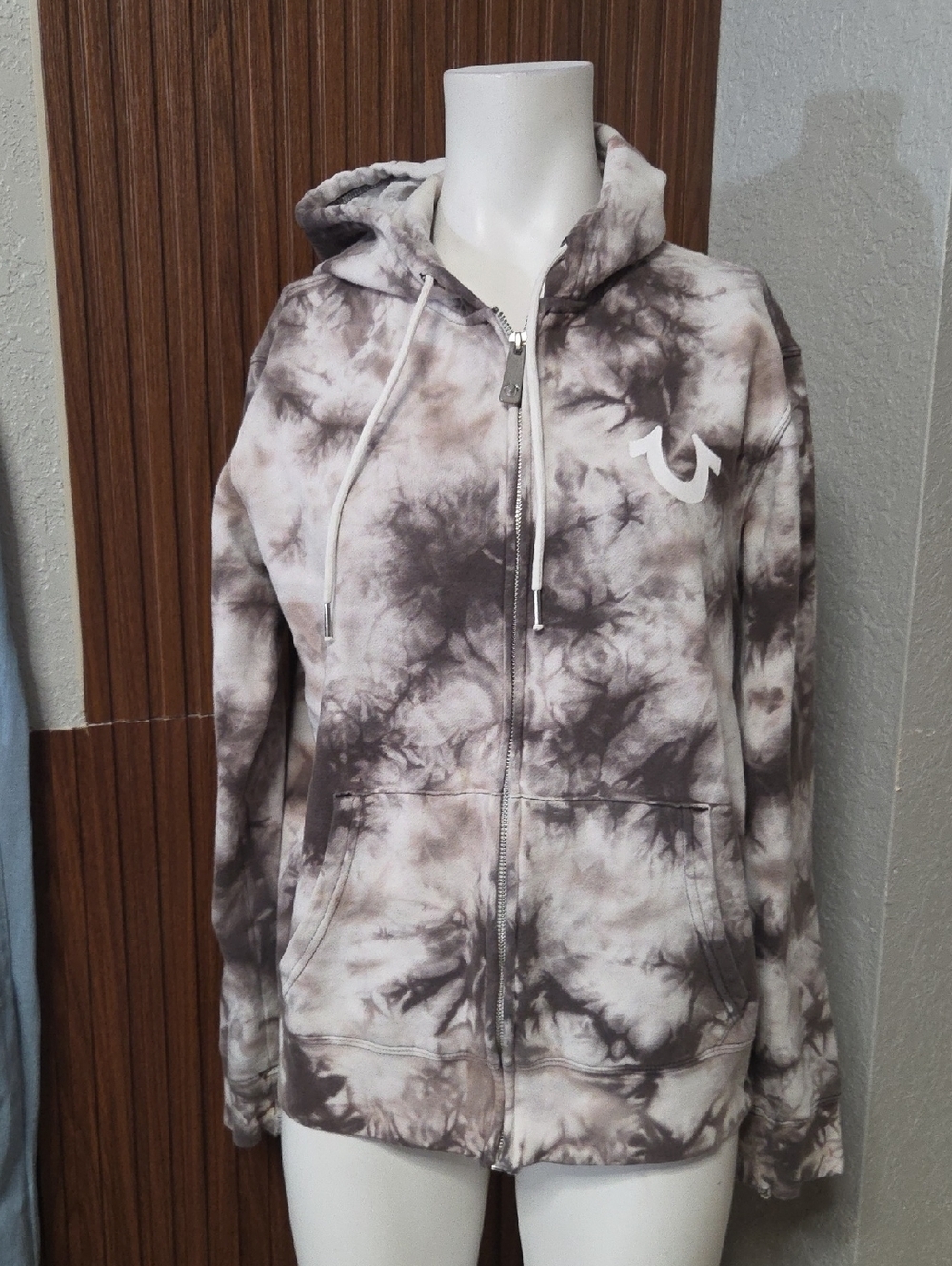 True Religion Brown and White Tie-Dye Zip Hoodie Unisex Small Sz